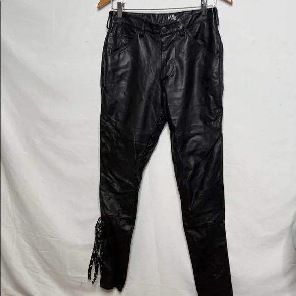 Wilson’s leather black 100% leather pants with straps on calf of leg moto sz 28 - Picture 1 of 8